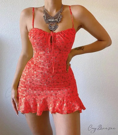 Floral Print Spaghetti Strap Low Cut Lace-up Ruffled Dress Red / S floraldress-250126