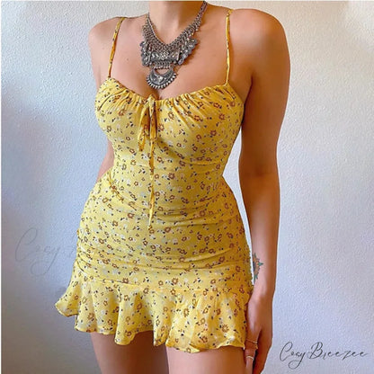Floral Print Spaghetti Strap Low Cut Lace-up Ruffled Dress Yellow / S floraldress-250126