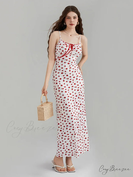 Floral Print Spaghetti Strap Ribbon Tie-Up Slip Vacation Dress floraldress-250126
