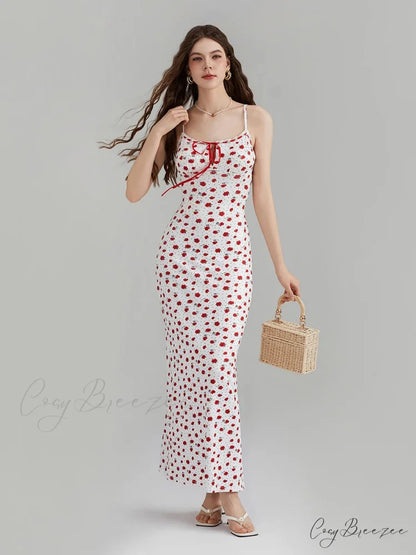 Floral Print Spaghetti Strap Ribbon Tie-Up Slip Vacation Dress Red / S floraldress-250126