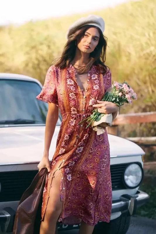 Floral Print Square Collar Short Sleeve Beachwear Midi Dress as picture / S bohodress-250126