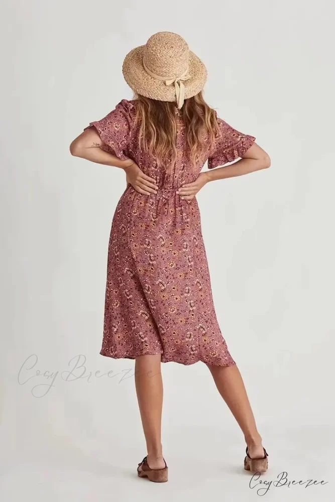 Floral Print Square Collar Short Sleeve Beachwear Midi Dress bohodress-250126