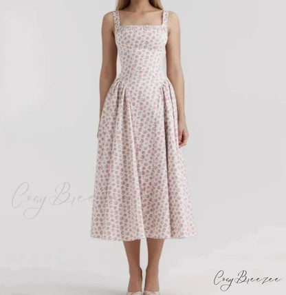 Floral Print Square Neck Graceful Strap Flare Midi Dress