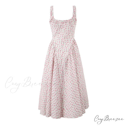 Floral Print Square Neck Graceful Strap Flare Midi Dress