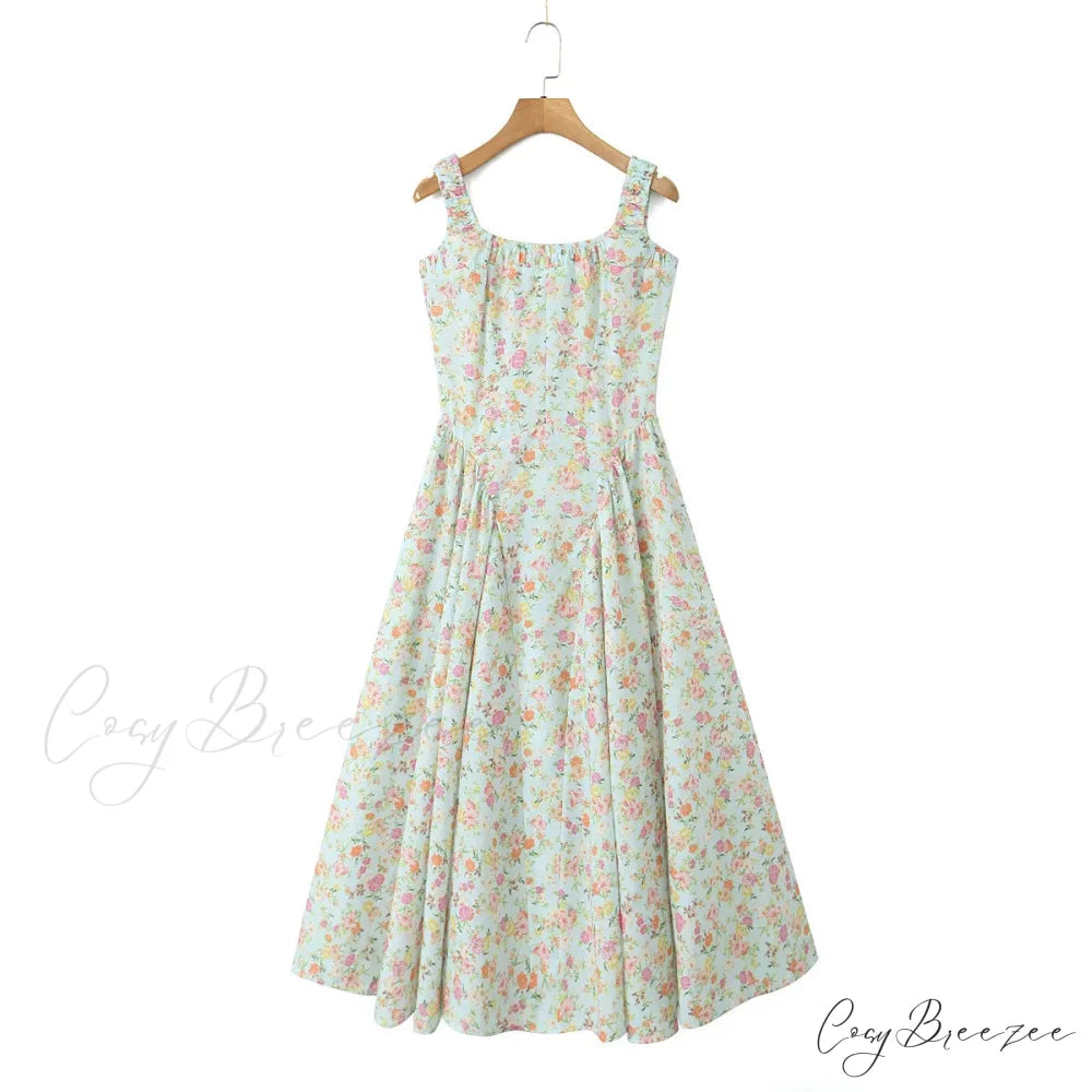 Floral Print Square Neck Graceful Strap Flare Midi Dress sky blue flower / M