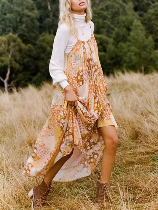 Floral Print Strapless A-line Rayon Beach Summer Maxi Dress Orange / S bohodress-250126