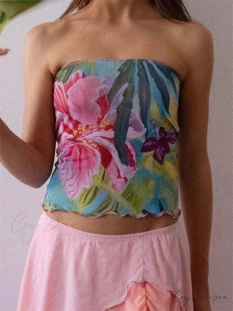 Floral Print Strapless Backless Tube Crop Top croptop-250126