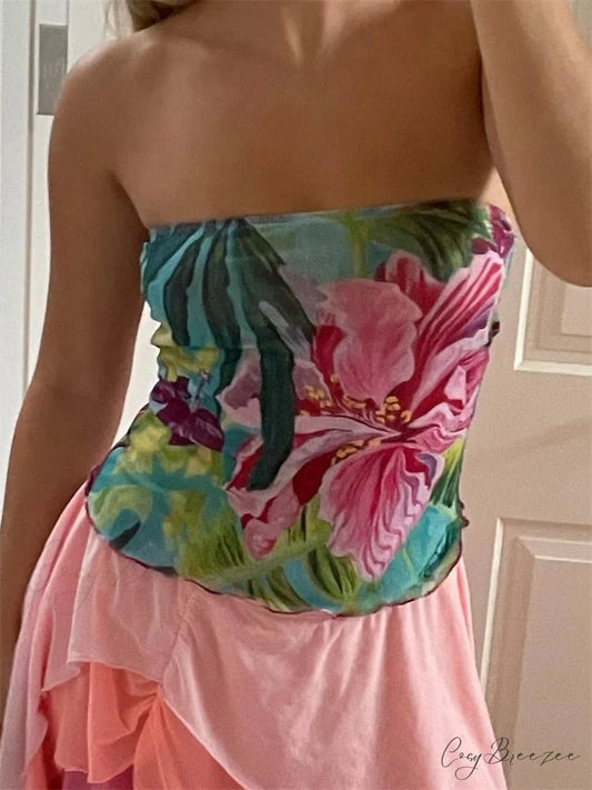Floral Print Strapless Backless Tube Crop Top PINK / S croptop-250126