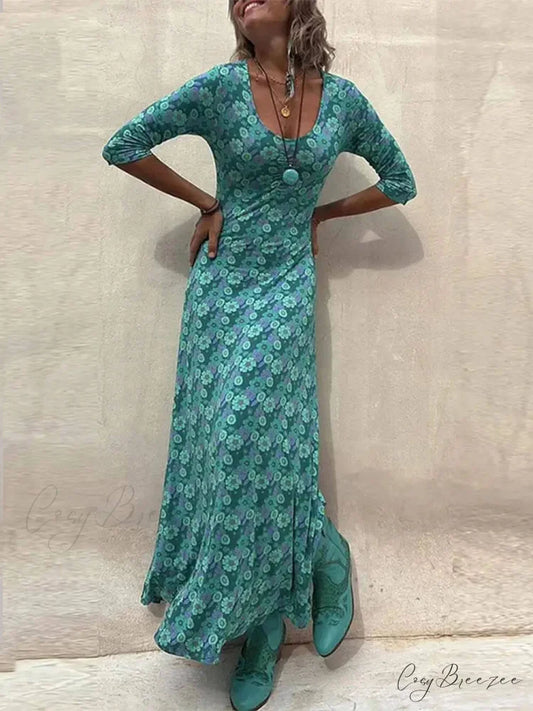 Floral Print Stylish Midi Dress Green / S