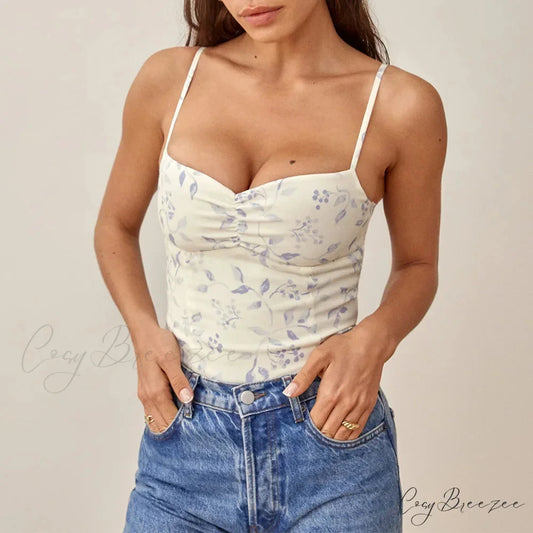 Floral Print Sweetheart Neck Smocked Spaghetti Strap Cami WHITE / S croptop-250126