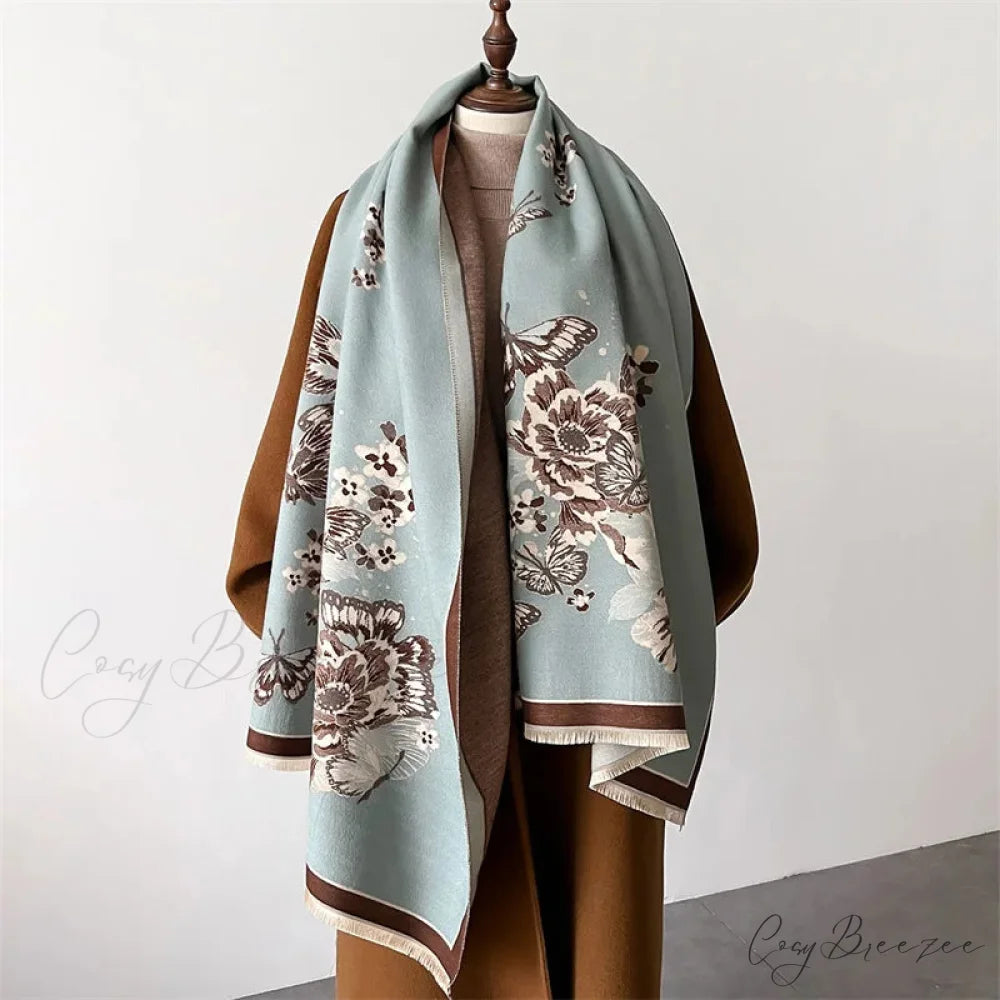 Floral Print Thick Cashmere Winter Scarf blue scarf-241228