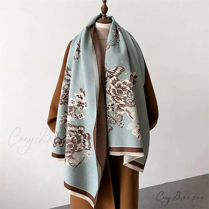 Floral Print Thick Cashmere Winter Scarf blue scarf-241228