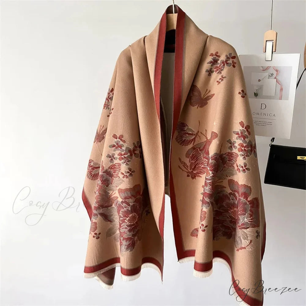 Floral Print Thick Cashmere Winter Scarf red2 scarf-241228