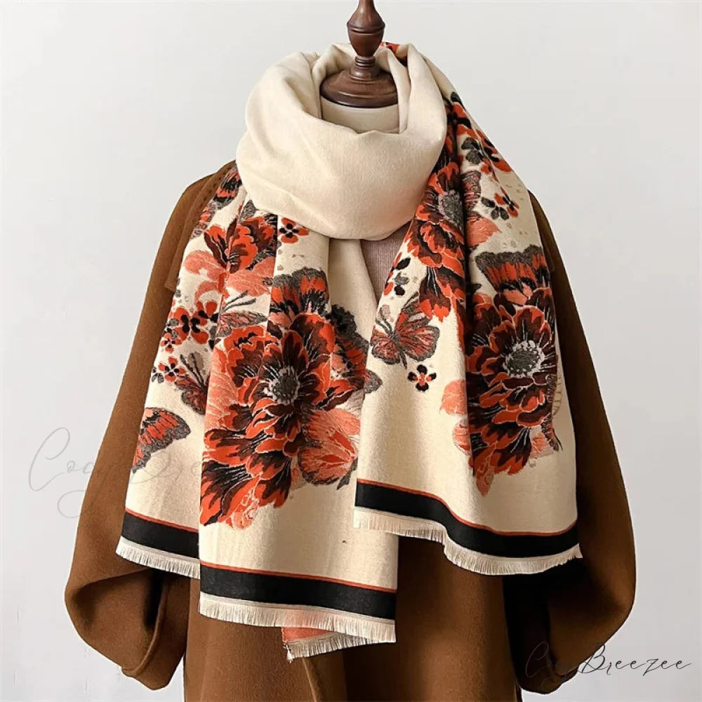 Floral Print Thick Cashmere Winter Scarf red3 scarf-241228