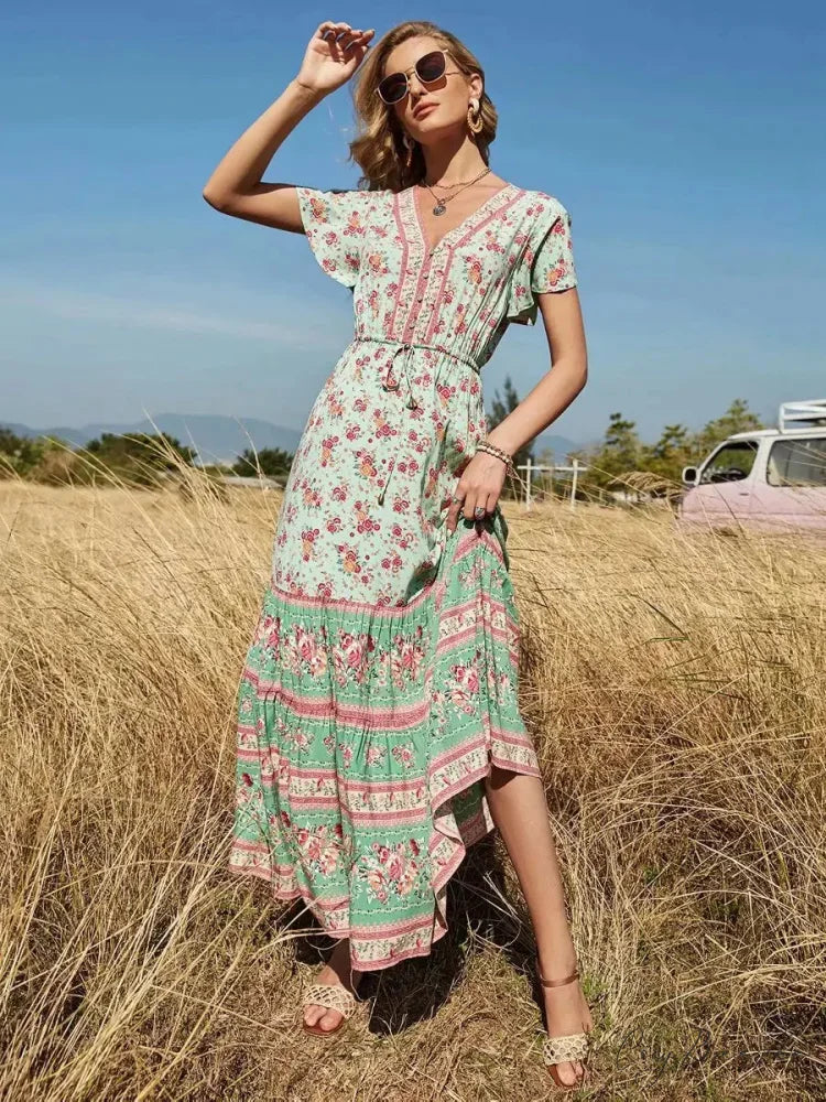 Floral Print V-neck Button Pleated Rayon Boho Dress bohodress-250126
