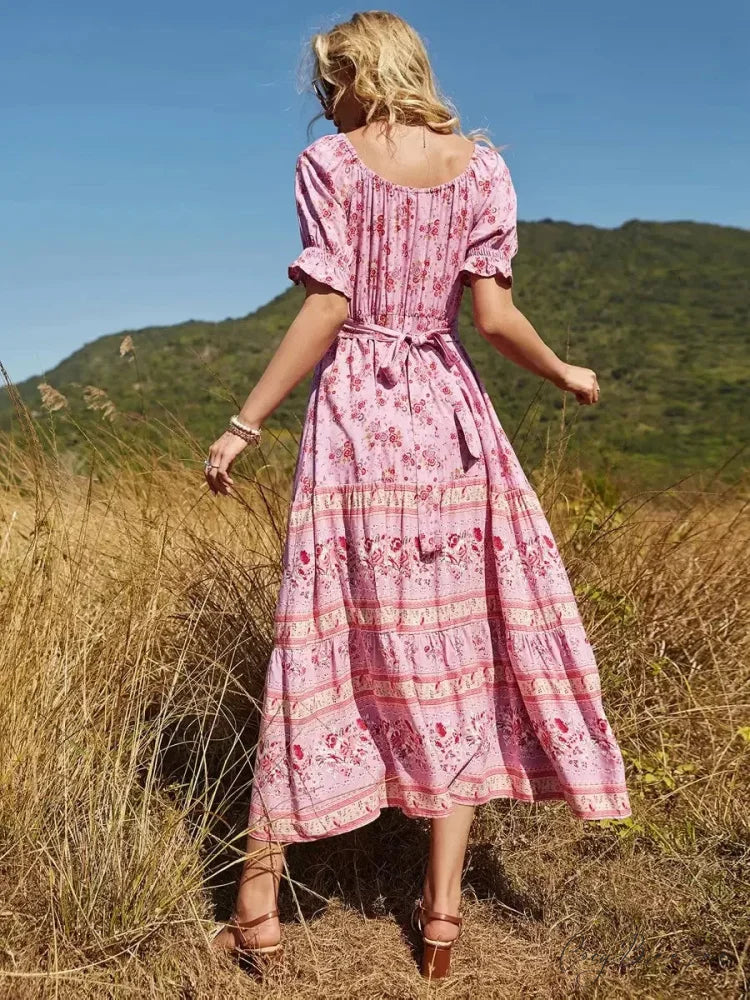 Floral Print V-neck Button Pleated Rayon Boho Dress bohodress-250126