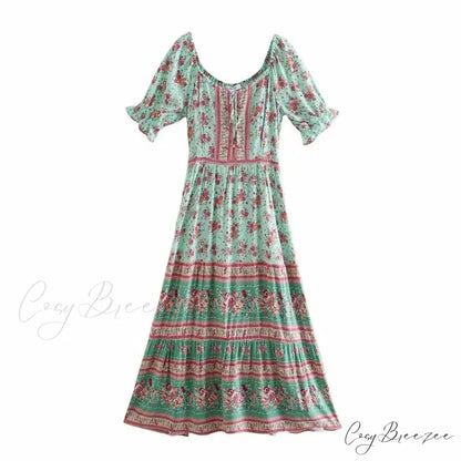 Floral Print V-neck Button Pleated Rayon Boho Dress GREEN / S bohodress-250126