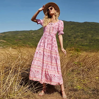 Floral Print V-neck Button Pleated Rayon Boho Dress PINK1 / S bohodress-250126