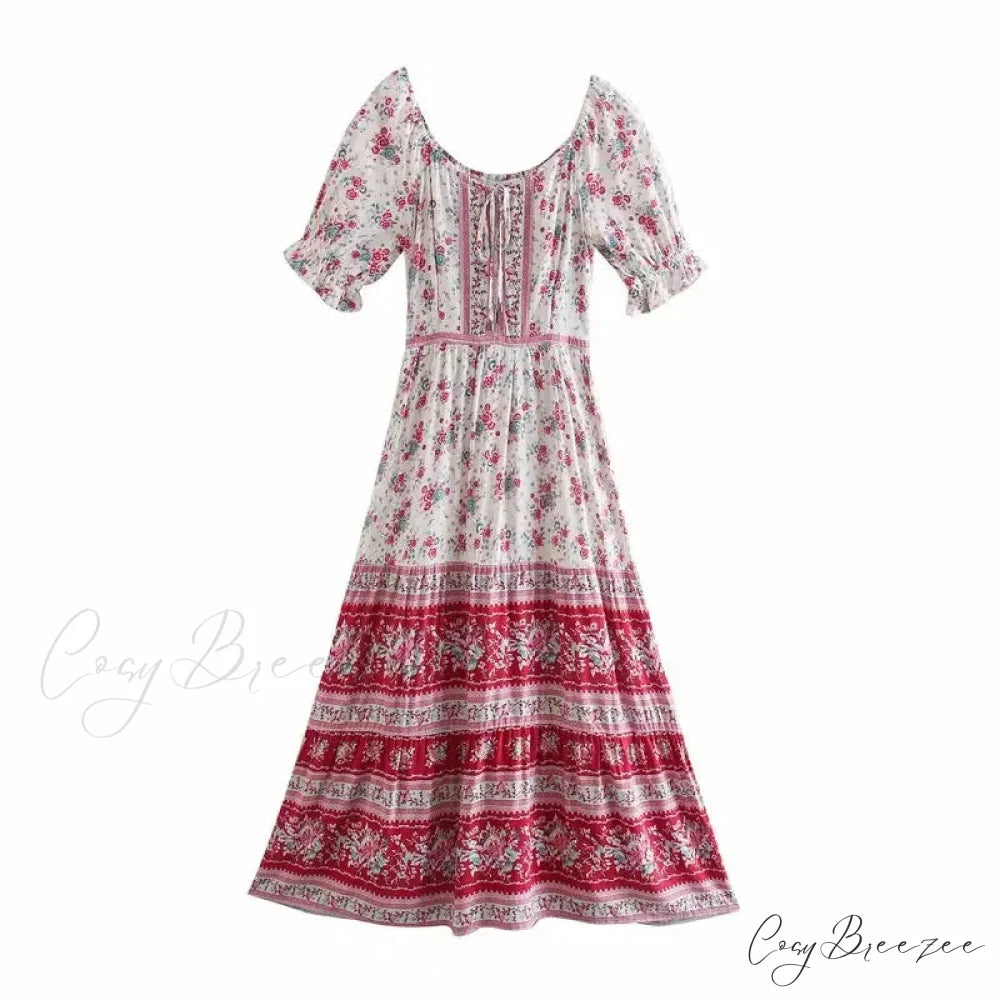 Floral Print V-neck Button Pleated Rayon Boho Dress PINK2 / S bohodress-250126