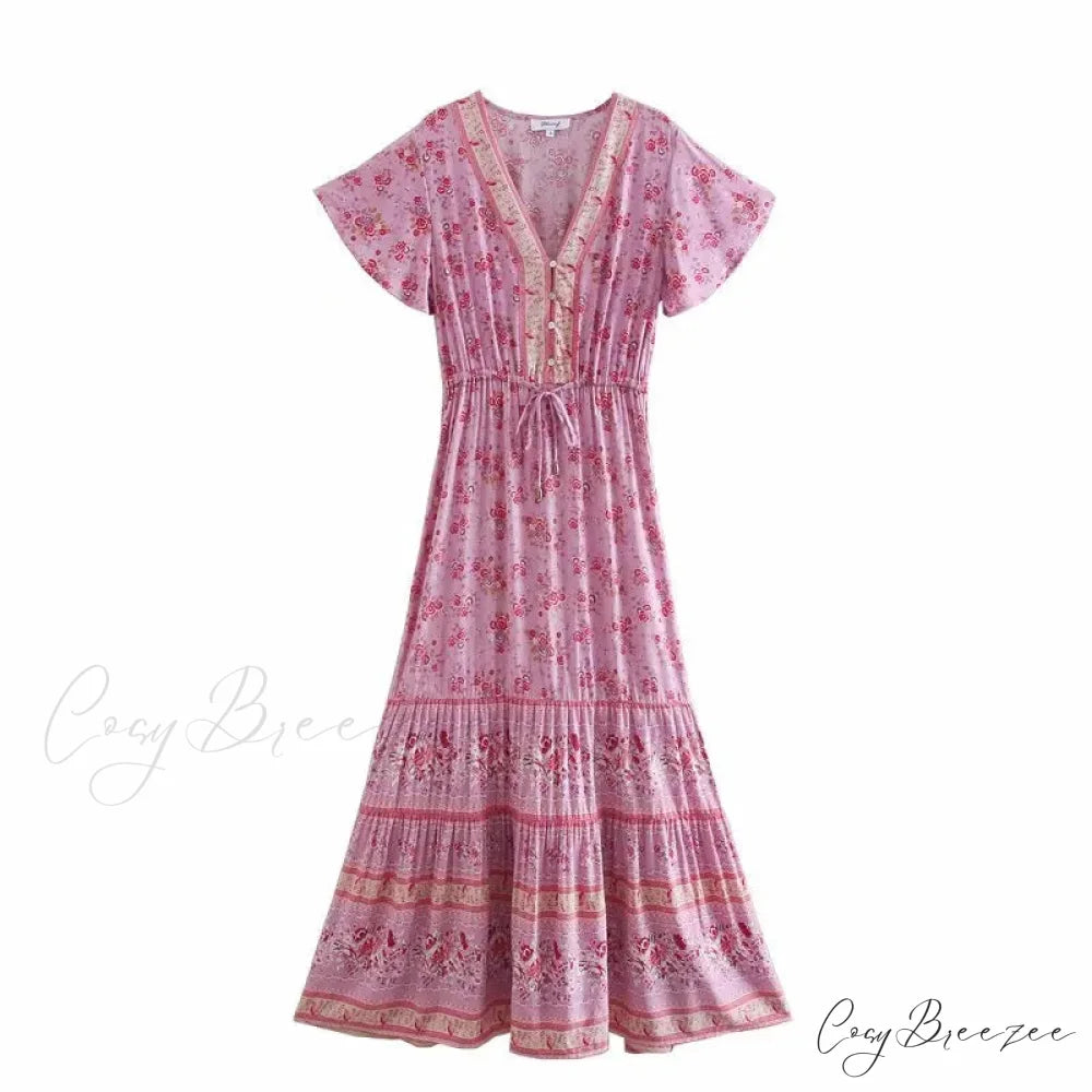Floral Print V-neck Button Pleated Rayon Boho Dress PINK2 / S bohodress-250126