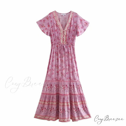 Floral Print V-neck Button Pleated Rayon Boho Dress PINK2 / S bohodress-250126