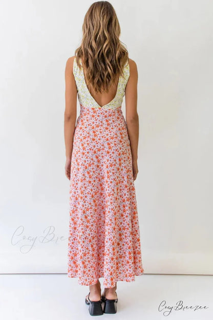 Floral Print V Neck Dress with Contrast Detail and Tie-back
