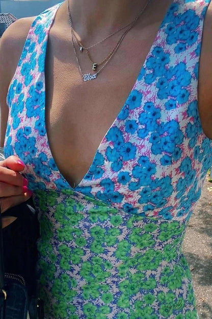 Floral Print V Neck Dress with Contrast Detail and Tie-back Blue Green / S