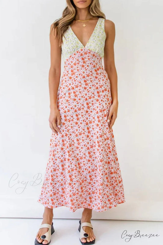 Floral Print V Neck Dress with Contrast Detail and Tie-back Pink / S