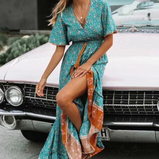 Floral Print V-neck Rayon Cotton Maxi Boho Dress bohodress-250126