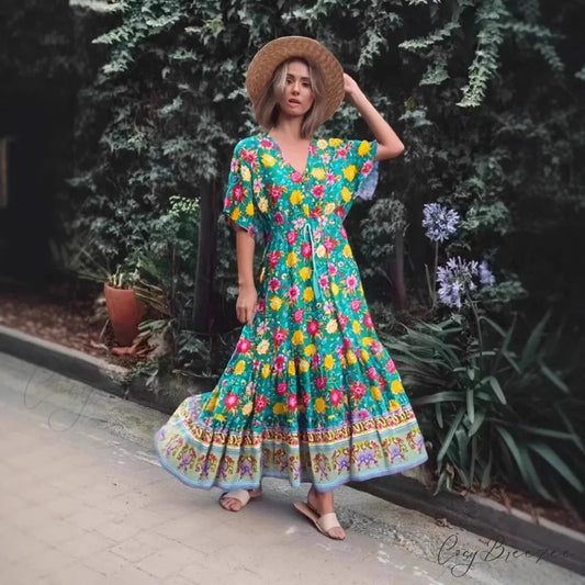 Floral Print V-neck Tassel Loose Beach Maxi Dress Green / S bohodress-250126