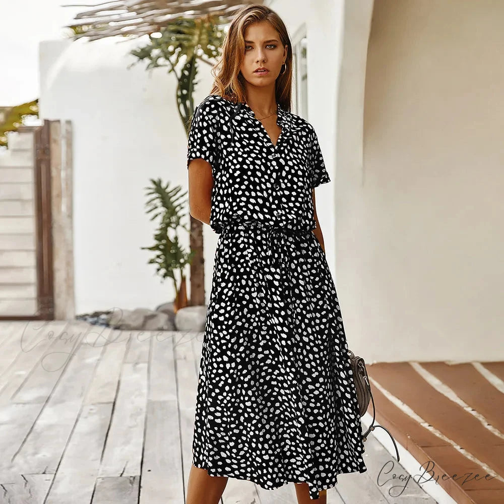 Floral Print Vintage Short Sleeve Boho Dress Black / S