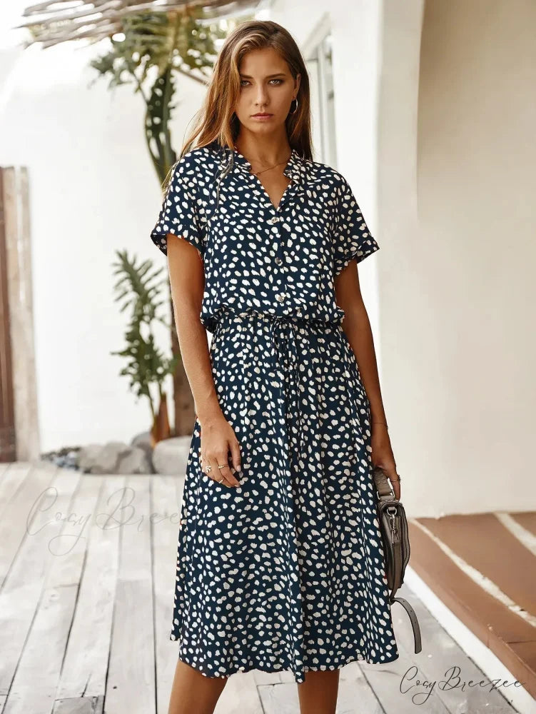 Floral Print Vintage Short Sleeve Boho Dress Navy Blue / S