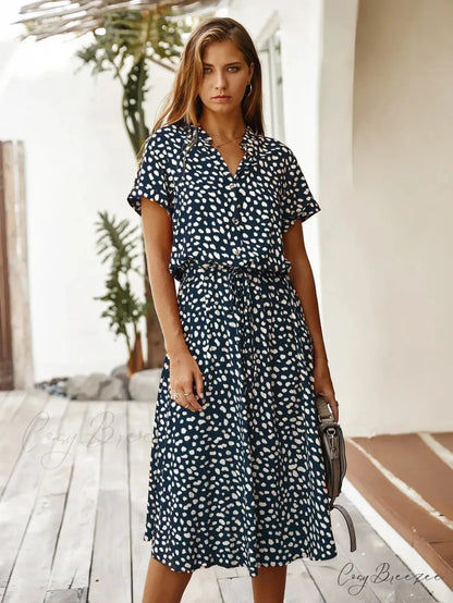 Floral Print Vintage Short Sleeve Boho Dress Navy Blue / S