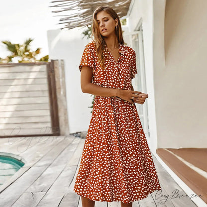 Floral Print Vintage Short Sleeve Boho Dress Orange / S
