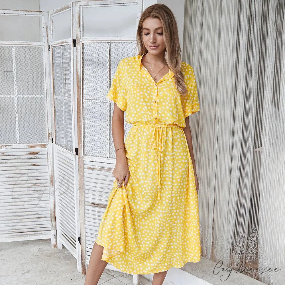 Floral Print Vintage Short Sleeve Boho Dress Yellow / S
