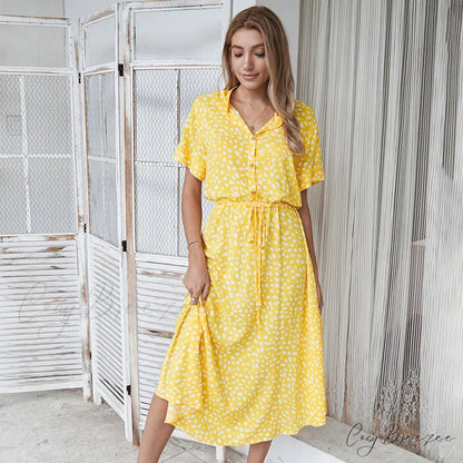 Floral Print Vintage Short Sleeve Boho Dress Yellow / S