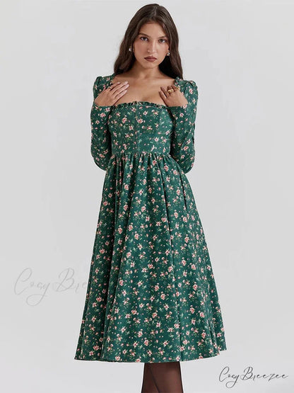 Floral Printed Backless Square-neck Midi Dress floraldress-250126