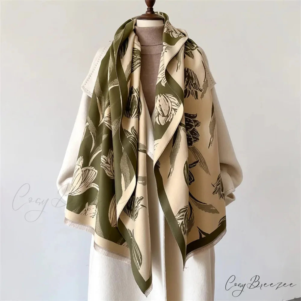 Floral Printed Cashmere Winter Pashmina Scarf green1 scarf-241228
