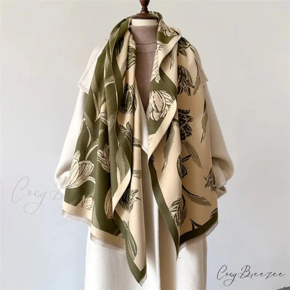 Floral Printed Cashmere Winter Pashmina Scarf green1 scarf-241228