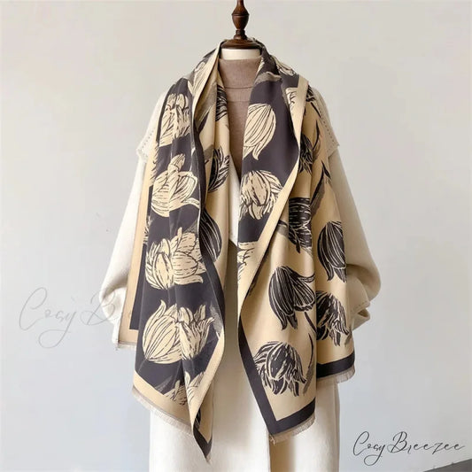Floral Printed Cashmere Winter Pashmina Scarf green2 scarf-241228