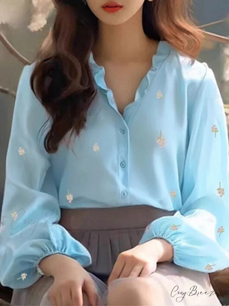 Floral Printed Frilled Collar Relaxed Tunic Blouse Blue / S blouse-250126