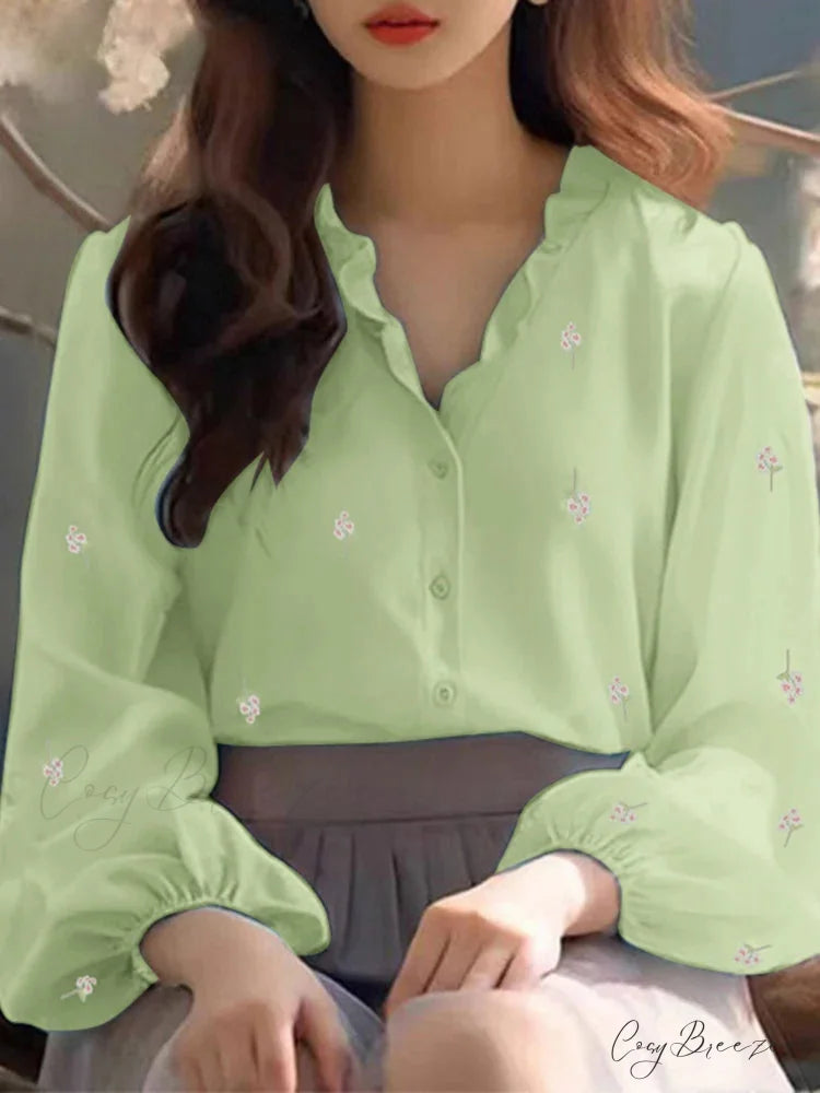 Floral Printed Frilled Collar Relaxed Tunic Blouse Green / S blouse-250126