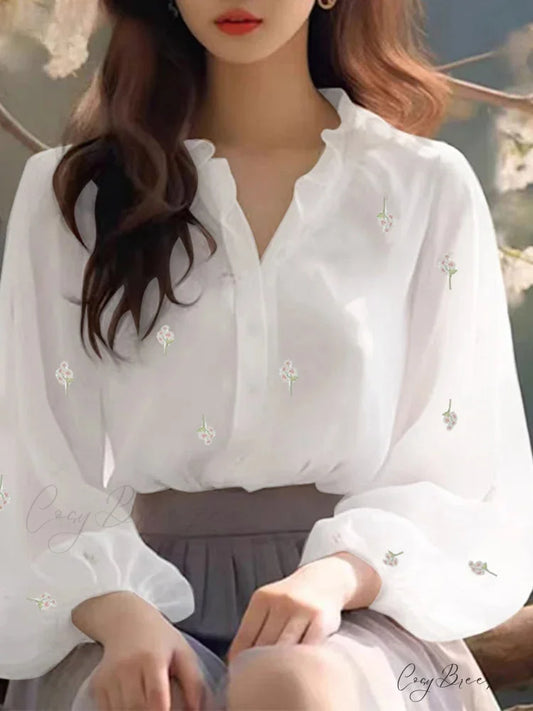 Floral Printed Frilled Collar Relaxed Tunic Blouse WHITE / S blouse-250126