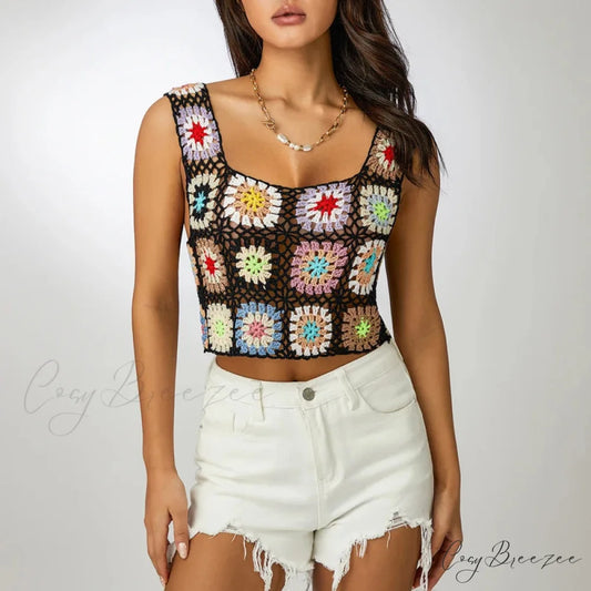 Floral Printed Hollow Crochet Knitted Crop Top Black / One Size croptop-250126
