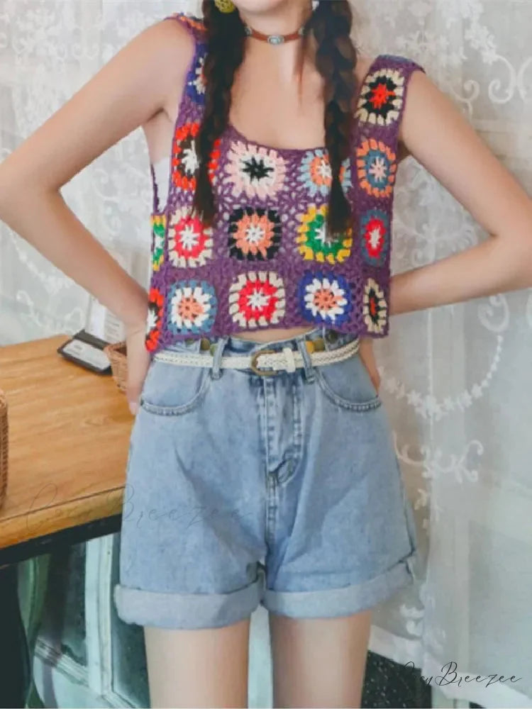 Floral Printed Hollow Crochet Knitted Crop Top croptop-250126
