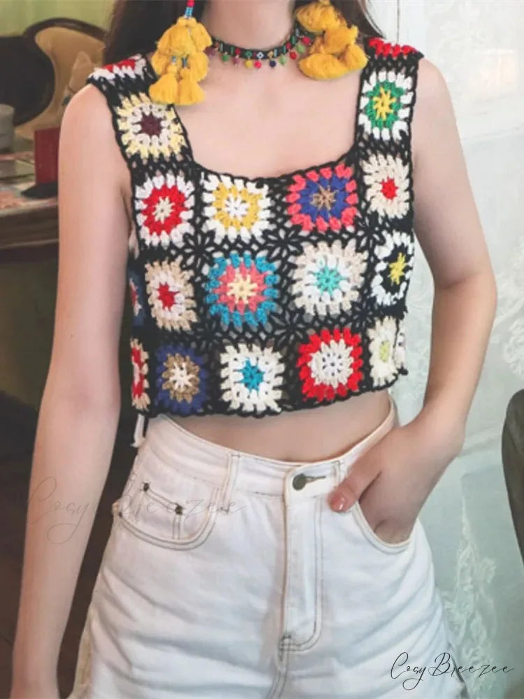 Floral Printed Hollow Crochet Knitted Crop Top PURPLE / One Size croptop-250126