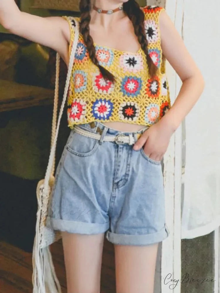 Floral Printed Hollow Crochet Knitted Crop Top Yellow / One Size croptop-250126