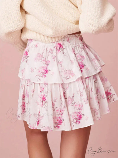 Floral Printed Stacked Flounce Skirt skirts-250223
