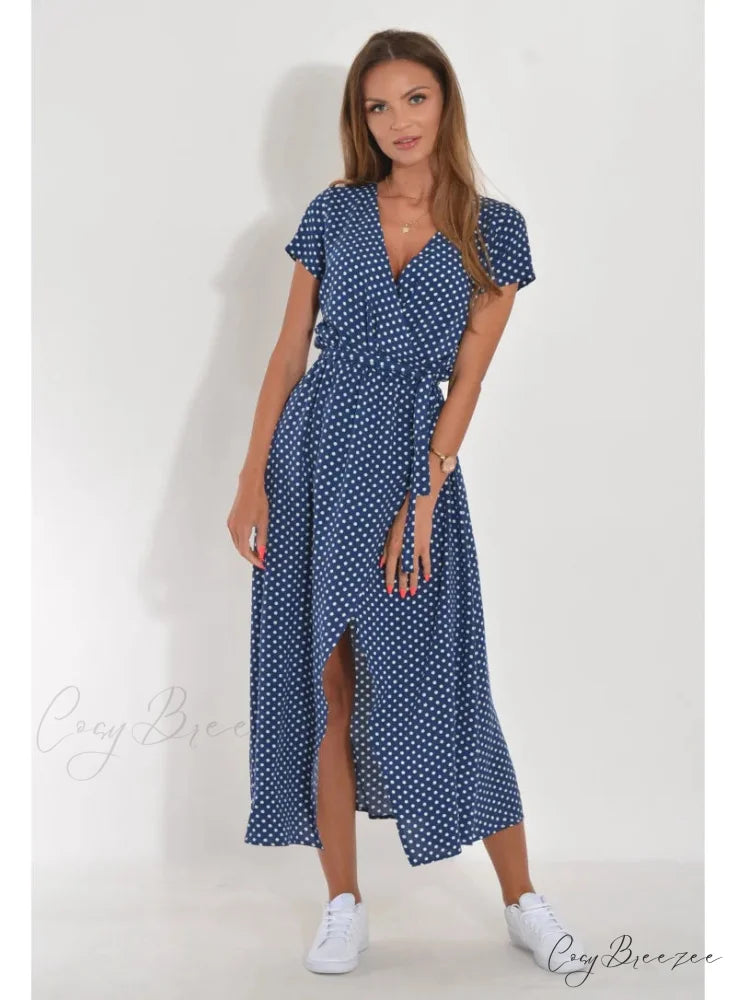 Floral Printed V-neck Summer Dress blue1 / S oldfloraldress-250126