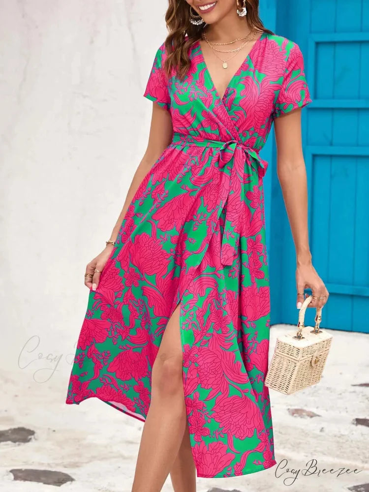 Floral Printed V-neck Summer Dress Pink1 / S oldfloraldress-250126